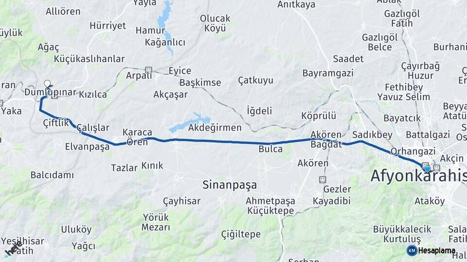 Afyonkarahisar Dumlupınar Kütahya Arası Kaç Km - Yol Haritası