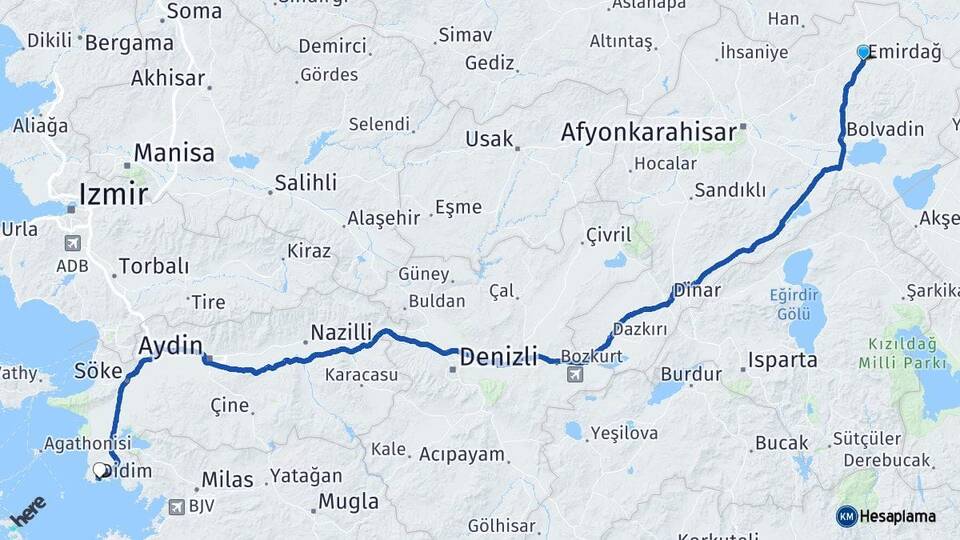 Afyonkarahisar Emirdağ Didim Aydın Arası Kaç Km - Yol Haritası