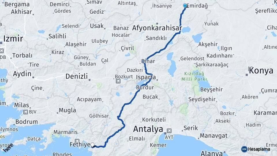 Afyonkarahisar Emirdağ Fethiye Muğla Arası Kaç Km - Yol Haritası