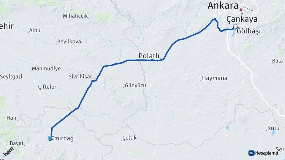 Afyonkarahisar Emirdağ Gölbaşı Ankara Arası Kaç Km - Yol Haritası
