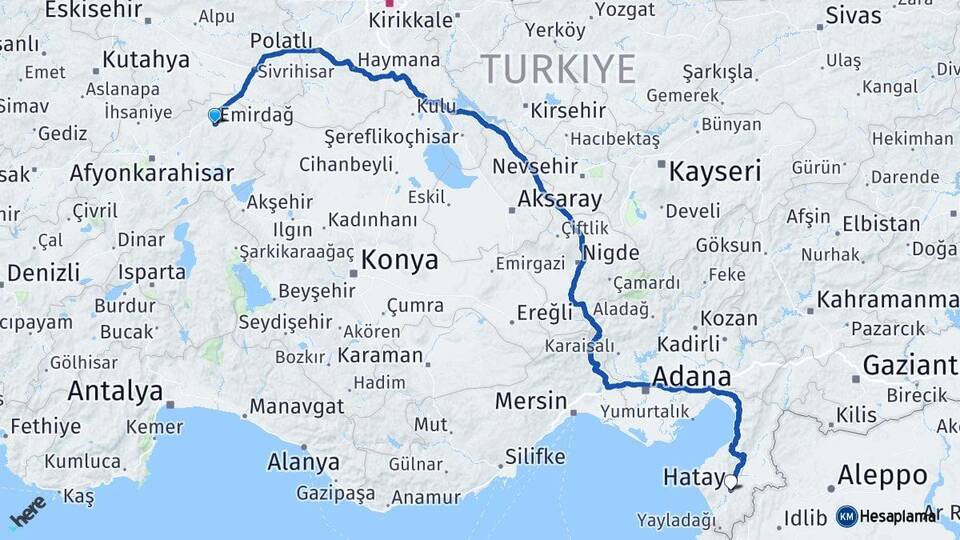 Afyonkarahisar Emirdağ Hatay Arası Kaç Km - Yol Haritası
