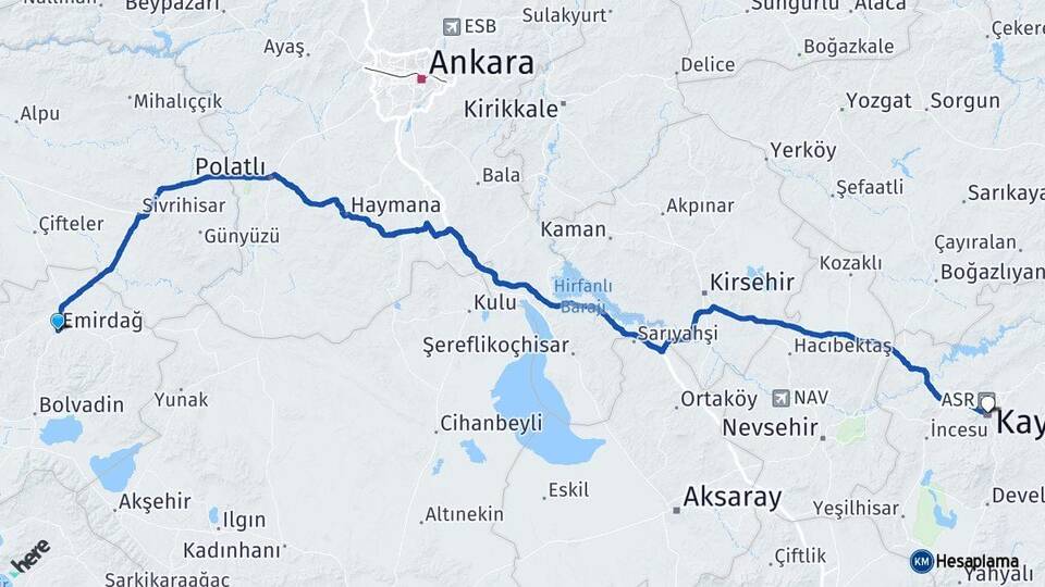 Afyonkarahisar Emirdağ Kayseri Arası Kaç Km - Yol Haritası