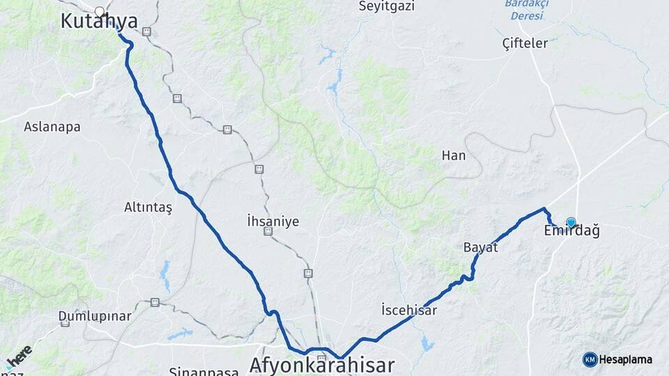 Afyonkarahisar Emirdağ Kütahya Arası Kaç Km - Yol Haritası