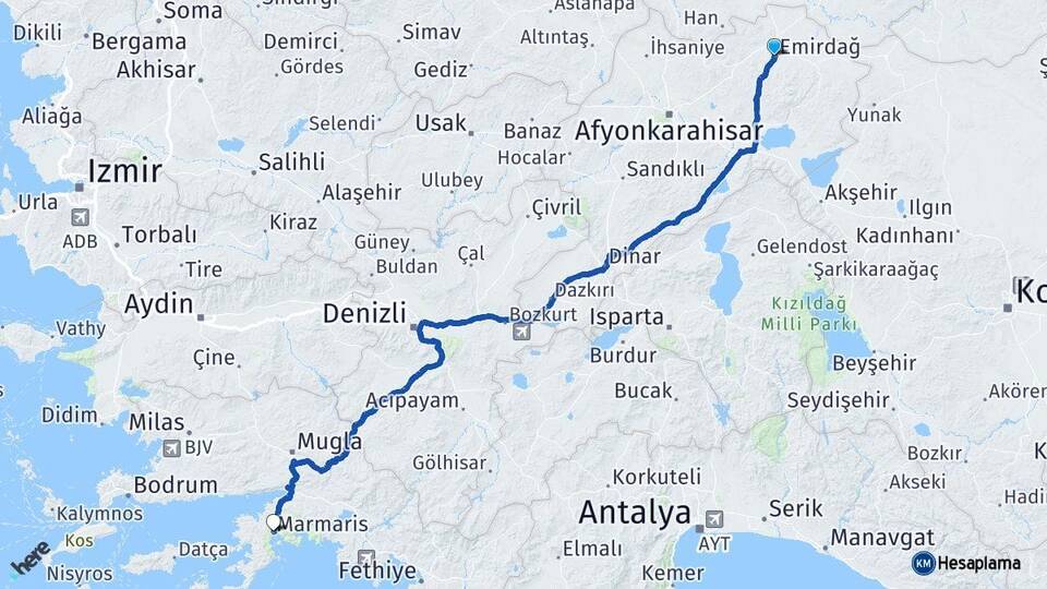 Afyonkarahisar Emirdağ Marmaris Muğla Arası Kaç Km - Yol Haritası