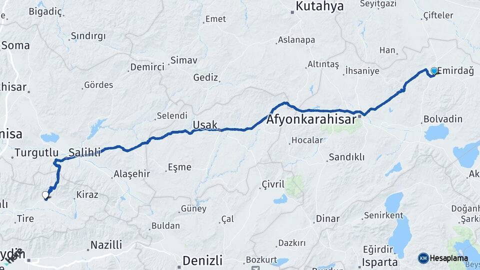 Afyonkarahisar Emirdağ Ödemiş İzmir Arası Kaç Km - Yol Haritası