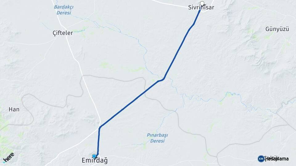 Afyonkarahisar Emirdağ Sivrihisar Eskişehir Arası Kaç Km - Yol Haritası