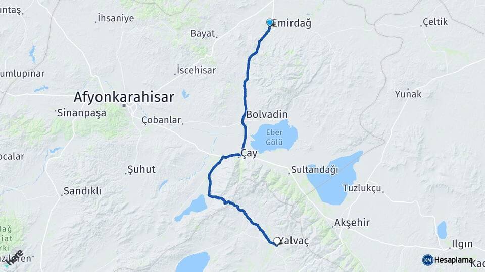 Afyonkarahisar Emirdağ Yalvaç Isparta Arası Kaç Km - Yol Haritası