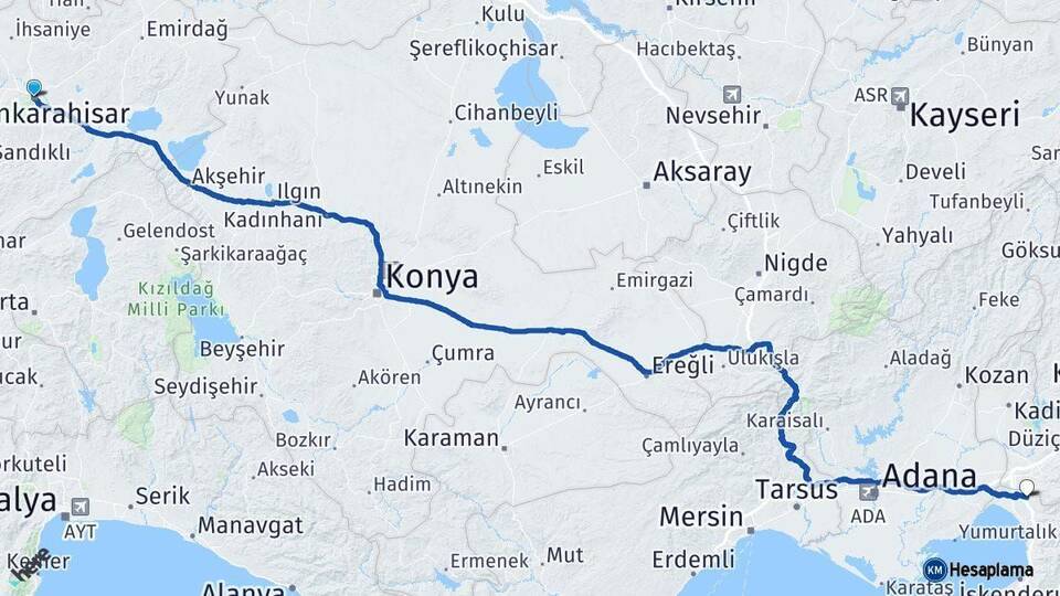 Afyonkarahisar Erzin Hatay Arası Kaç Km - Yol Haritası