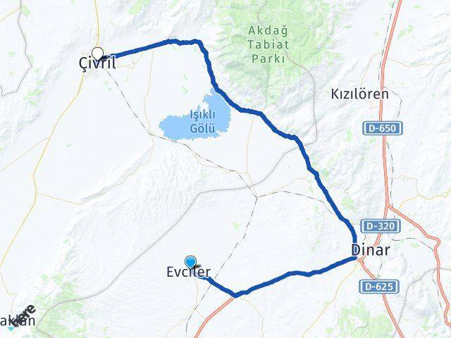 Afyonkarahisar Evciler Çivril Denizli Arası Kaç Km - Yol Haritası