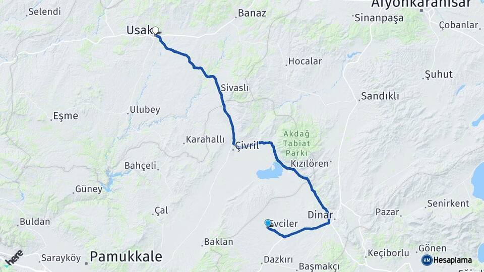 Afyonkarahisar Evciler Uşak Arası Kaç Km - Yol Haritası