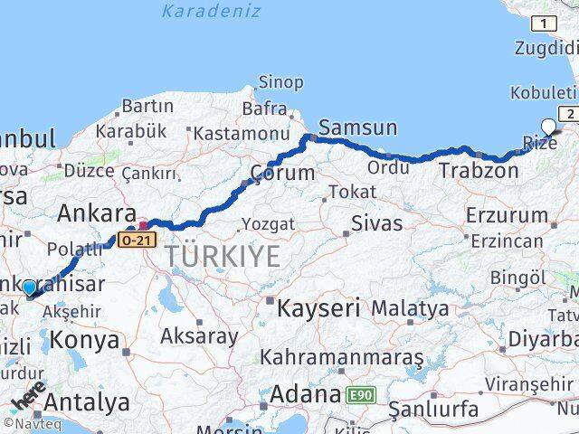 Afyonkarahisar Fındıklı Rize Arası Kaç Km - Yol Haritası