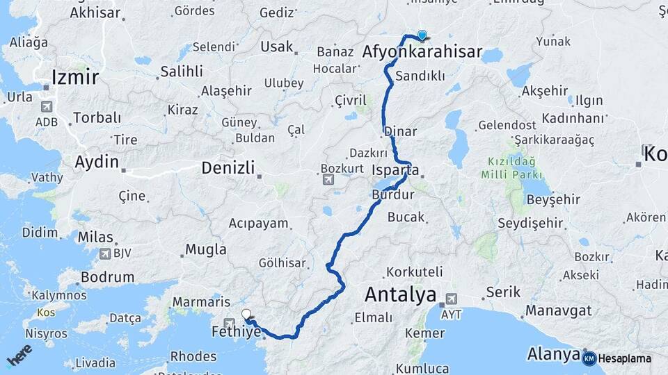 Afyonkarahisar Göcek Fethiye Muğla Arası Kaç Km - Yol Haritası
