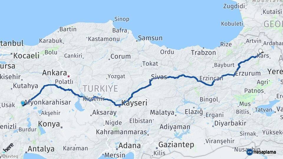 Afyonkarahisar Göle Ardahan Arası Kaç Km - Yol Haritası