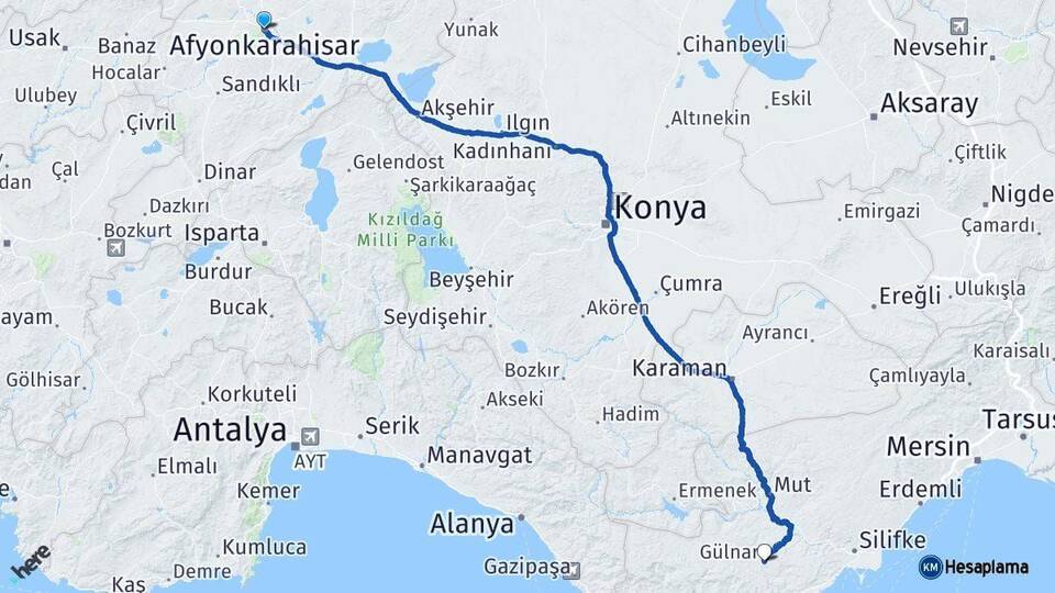 Afyonkarahisar Gülnar Mersin Arası Kaç Km - Yol Haritası
