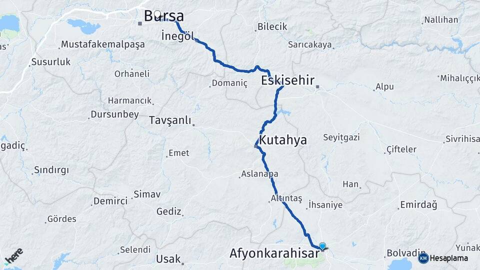 Afyonkarahisar Gürsu Bursa Arası Kaç Km - Yol Haritası