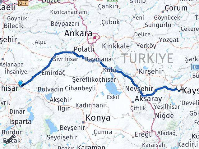 Afyonkarahisar Hacılar Kayseri Arası Kaç Km - Yol Haritası