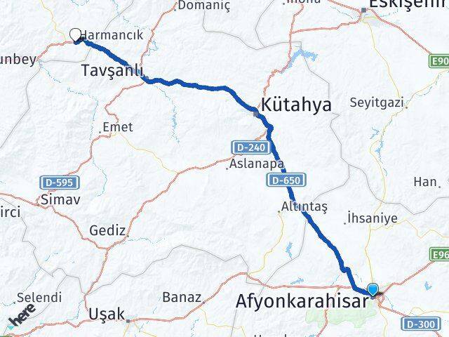 Afyonkarahisar Harmancık Bursa Arası Kaç Km - Yol Haritası