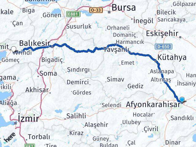 Afyonkarahisar Havran Balıkesir Arası Kaç Km - Yol Haritası