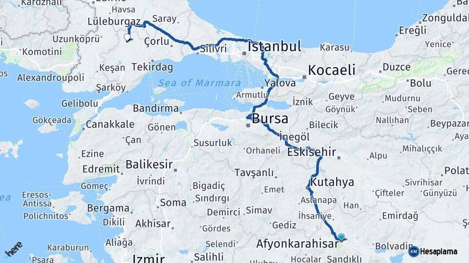 Afyonkarahisar Hayrabolu Tekirdağ Arası Kaç Km - Yol Haritası