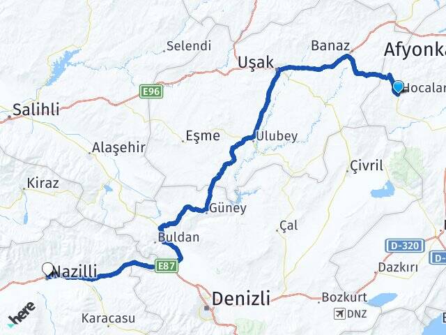 Afyonkarahisar Hocalar Nazilli Aydın Arası Kaç Km - Yol Haritası