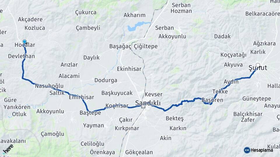 Afyonkarahisar Hocalar Şuhut Arası Kaç Km - Yol Haritası