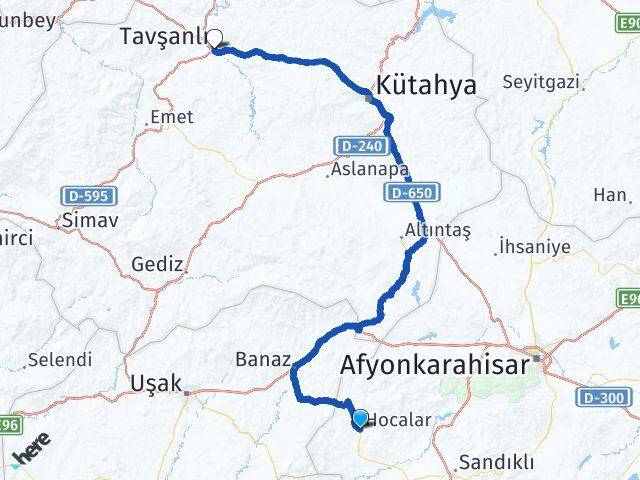 Afyonkarahisar Hocalar Tavşanlı Kütahya Arası Kaç Km - Yol Haritası