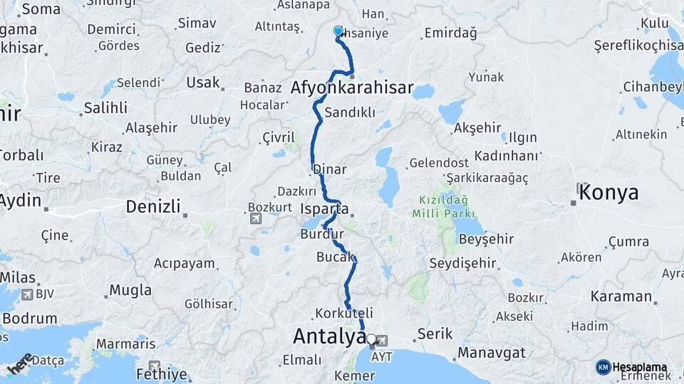 Afyonkarahisar İhsaniye Antalya Arası Kaç Km - Yol Haritası