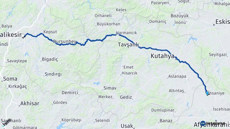 Afyonkarahisar İhsaniye Balıkesir Arası Kaç Km - Yol Haritası