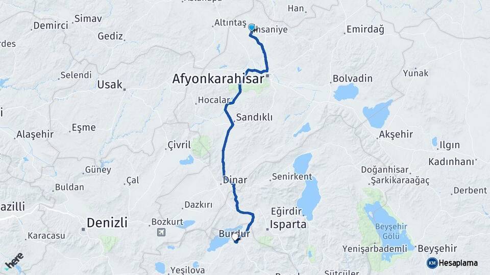 Afyonkarahisar İhsaniye Burdur Arası Kaç Km - Yol Haritası
