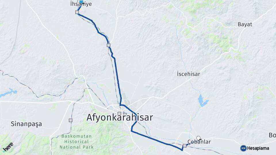 Afyonkarahisar İhsaniye Çobanlar Arası Kaç Km - Yol Haritası