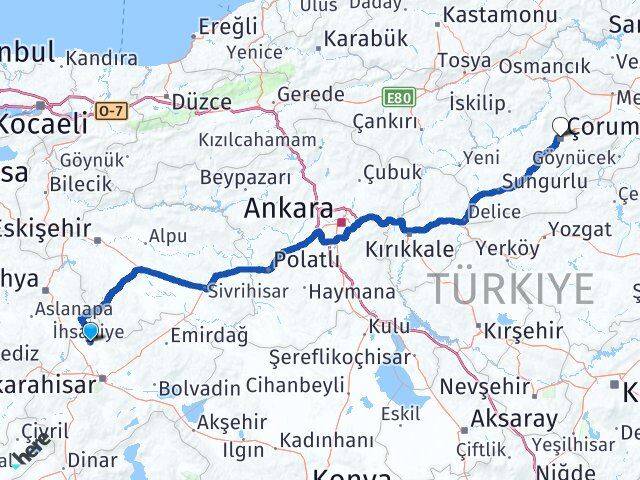Afyonkarahisar İhsaniye Çorum Arası Kaç Km - Yol Haritası