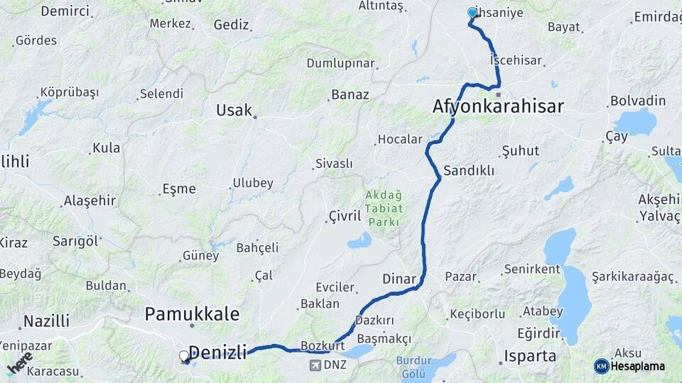 Afyonkarahisar İhsaniye Denizli Arası Kaç Km - Yol Haritası