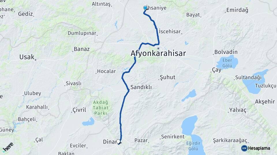 Afyonkarahisar İhsaniye Dinar Arası Kaç Km - Yol Haritası