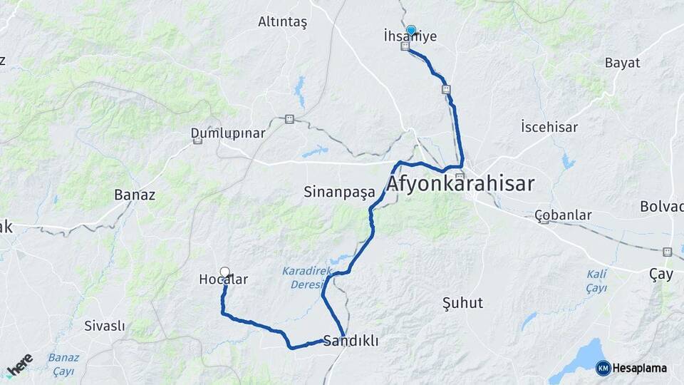 Afyonkarahisar İhsaniye Hocalar Arası Kaç Km - Yol Haritası