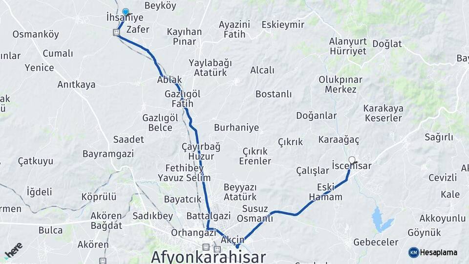 Afyonkarahisar İhsaniye İscehisar Arası Kaç Km - Yol Haritası