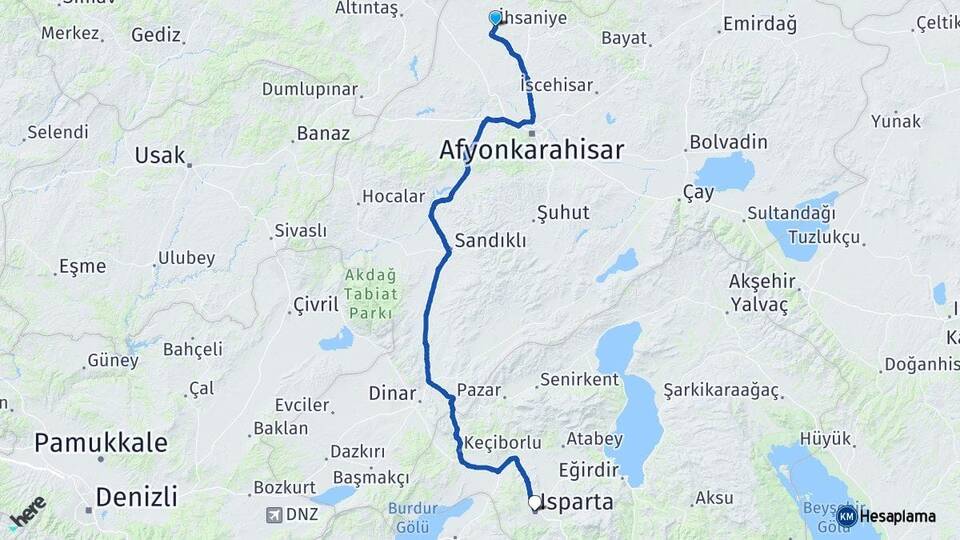 Afyonkarahisar İhsaniye Isparta Arası Kaç Km - Yol Haritası
