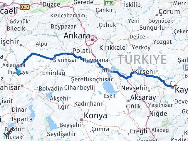 Afyonkarahisar İhsaniye Kayseri Arası Kaç Km - Yol Haritası
