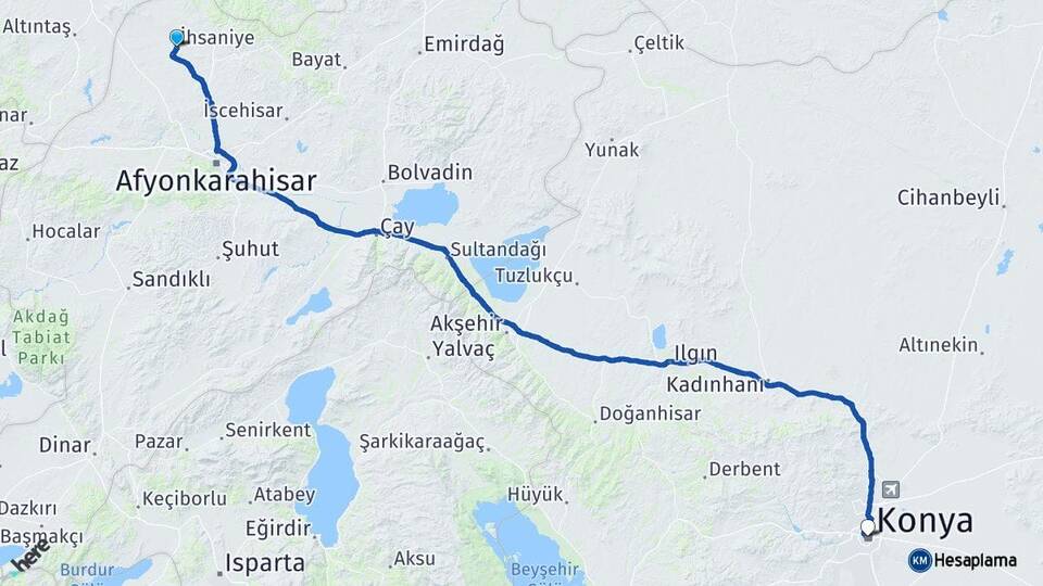 Afyonkarahisar İhsaniye Konya Arası Kaç Km - Yol Haritası