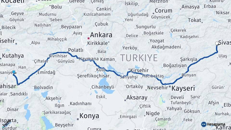 Afyonkarahisar İhsaniye Sivas Arası Kaç Km - Yol Haritası