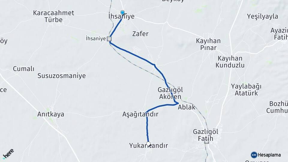 Afyonkarahisar İhsaniye Yukarıtandır İhsaniye Arası Kaç Km - Yol Haritası