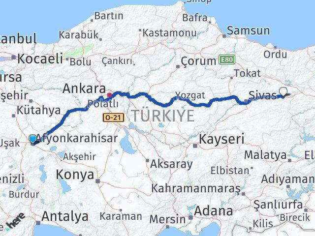 Afyonkarahisar İmranlı Sivas Arası Kaç Km - Yol Haritası