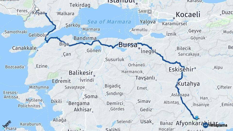 Afyonkarahisar İpsala Edirne Arası Kaç Km - Yol Haritası