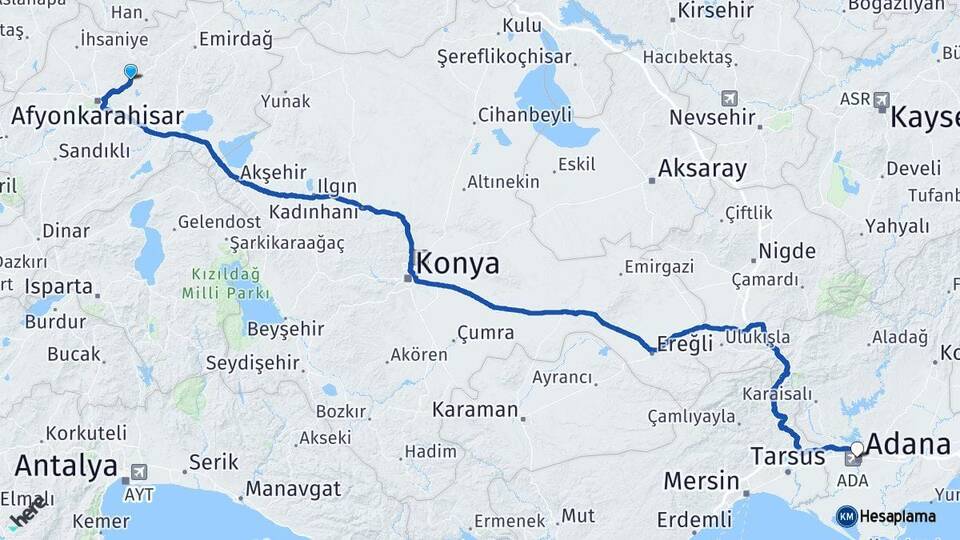 Afyonkarahisar İscehisar Adana Arası Kaç Km - Yol Haritası