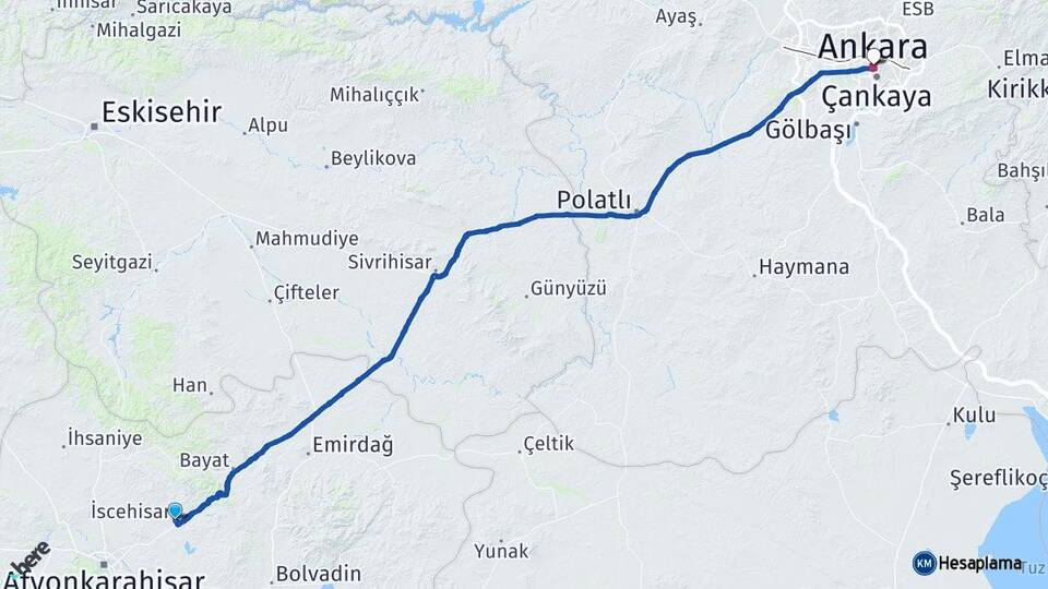 Afyonkarahisar İscehisar Ankara Arası Kaç Km - Yol Haritası