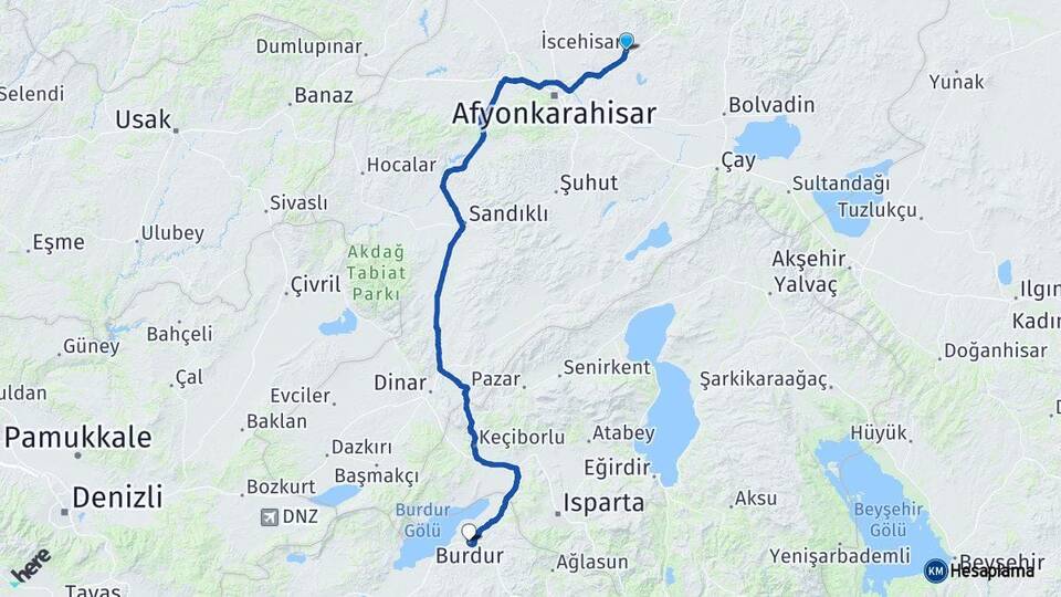 Afyonkarahisar İscehisar Burdur Arası Kaç Km - Yol Haritası