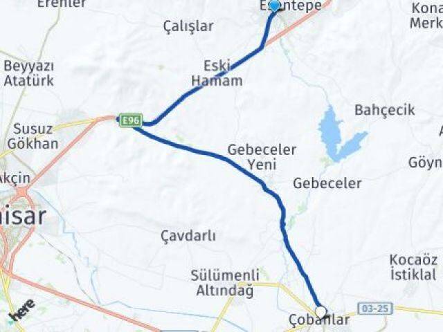 Afyonkarahisar İscehisar Çobanlar Arası Kaç Km - Yol Haritası