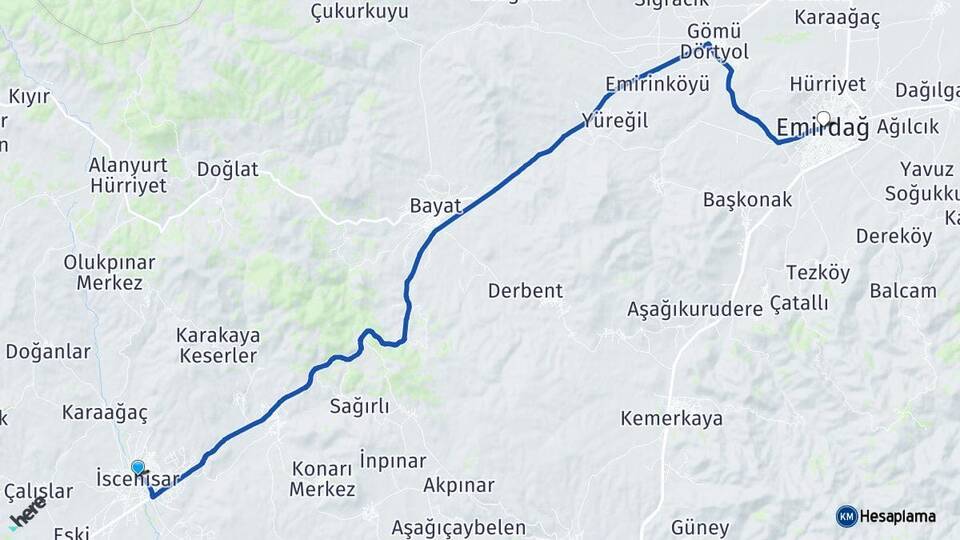 Afyonkarahisar İscehisar Emirdağ Arası Kaç Km - Yol Haritası
