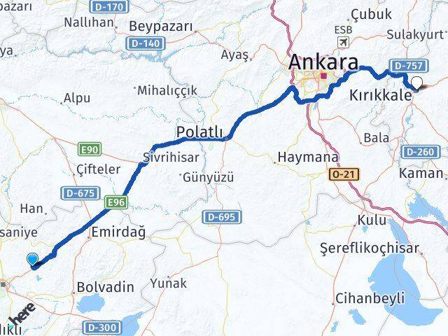 Afyonkarahisar İscehisar Kırıkkale Arası Kaç Km - Yol Haritası