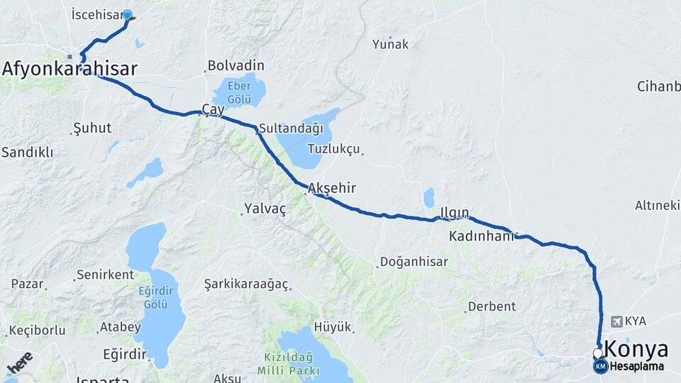 Afyonkarahisar İscehisar Konya Arası Kaç Km - Yol Haritası