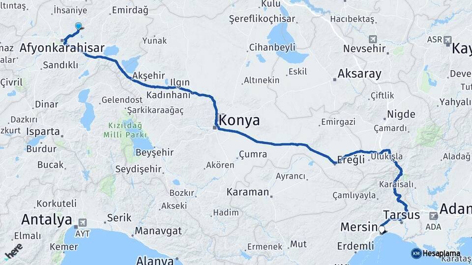 Afyonkarahisar İscehisar Mersin Arası Kaç Km - Yol Haritası